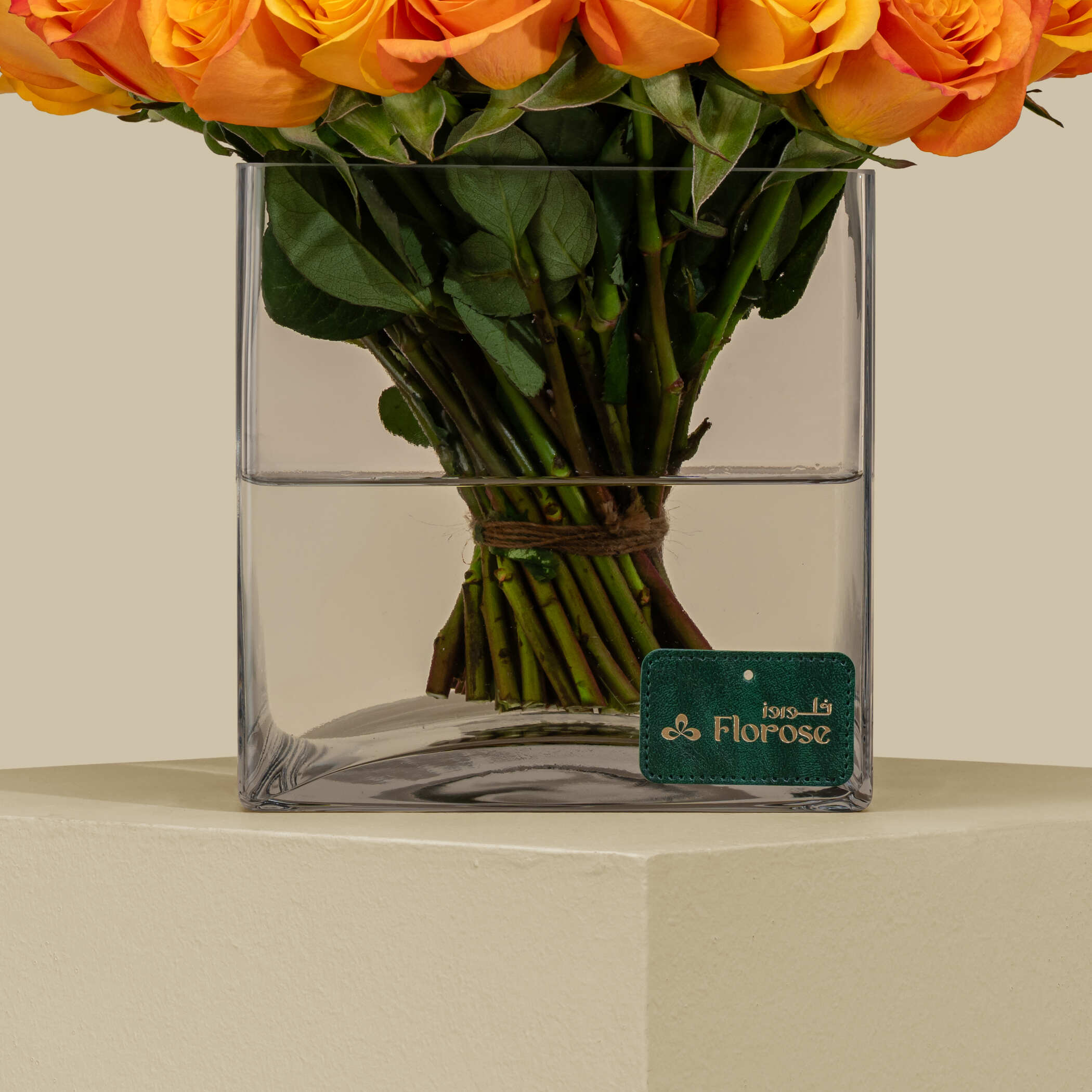 Magnificent Rose Square Vase Orange | 50 Flowers Magnificent Rose Square Vase Orange | 50 Flowers
