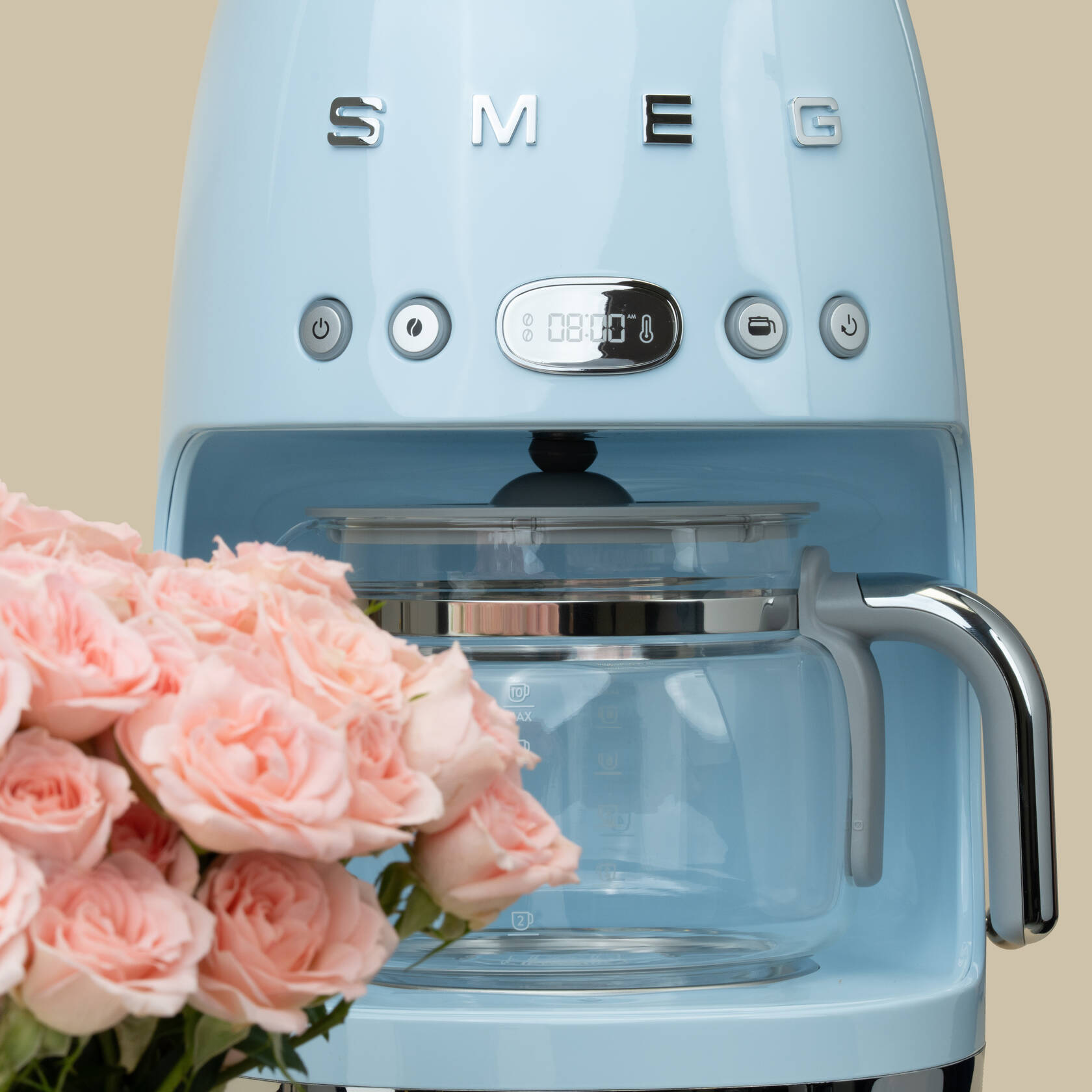 Smeg 50's Style Drip Filter Coffee Machine Pastel Blue | Rose Peach Vase Smeg 50's Style Drip Filter Coffee Machine Pastel Blue | Rose Peach Vase
