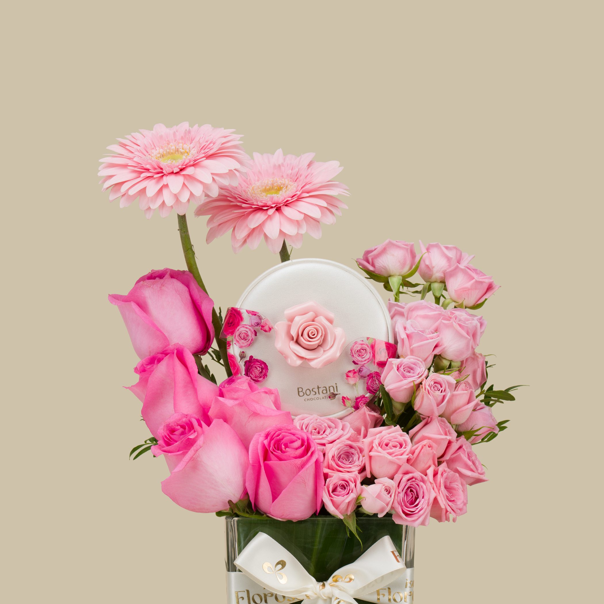 Bostani Small Box Of Rose Chocolates | Pink Flower Vase With Graduation Topper Bostani Small Box Of Rose Chocolates | Pink Flower Vase With Graduation Topper