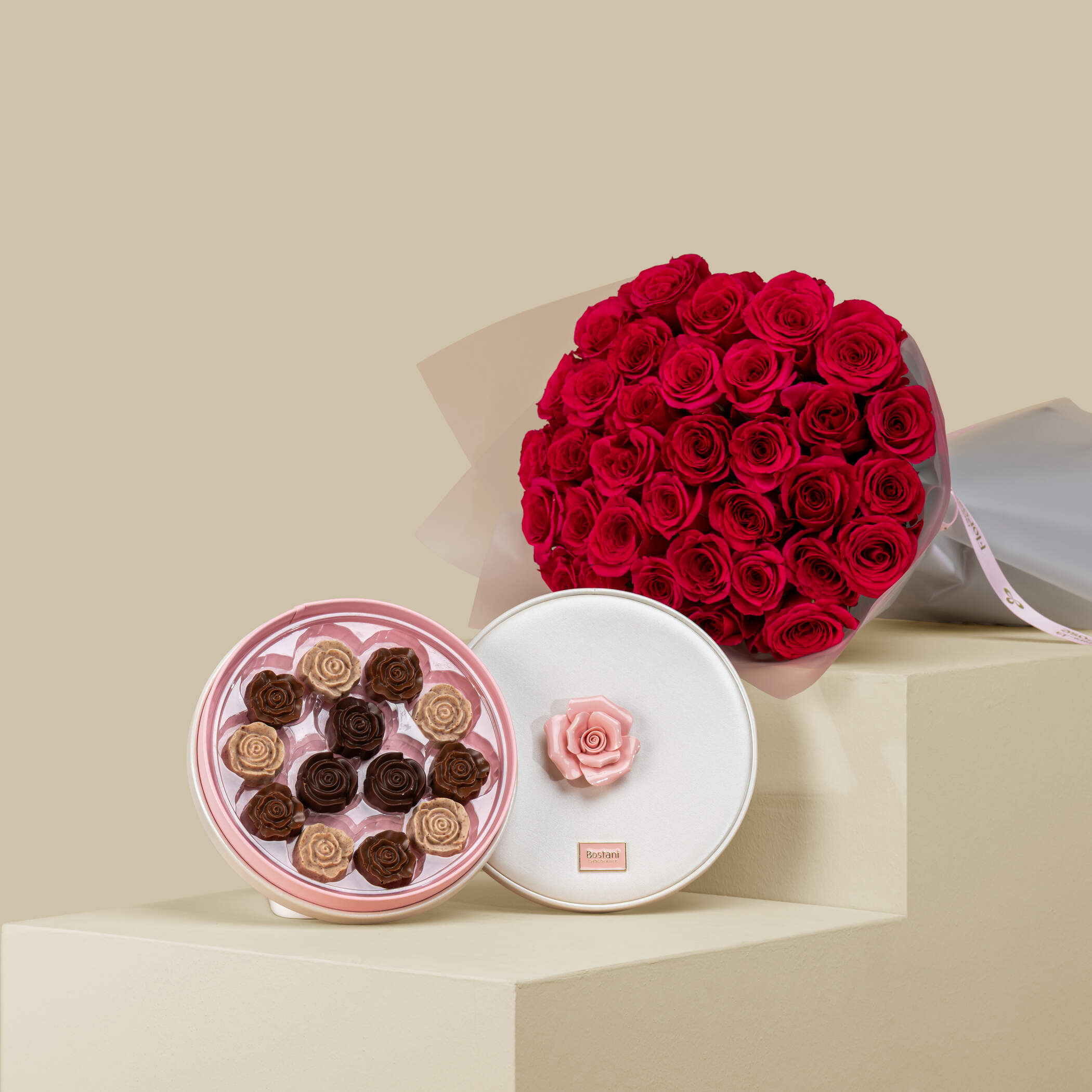 Bostani Medium Box Of Rose Chocolates | Fuchsia Rose Bouquet Bostani Medium Box Of Rose Chocolates | Fuchsia Rose Bouquet