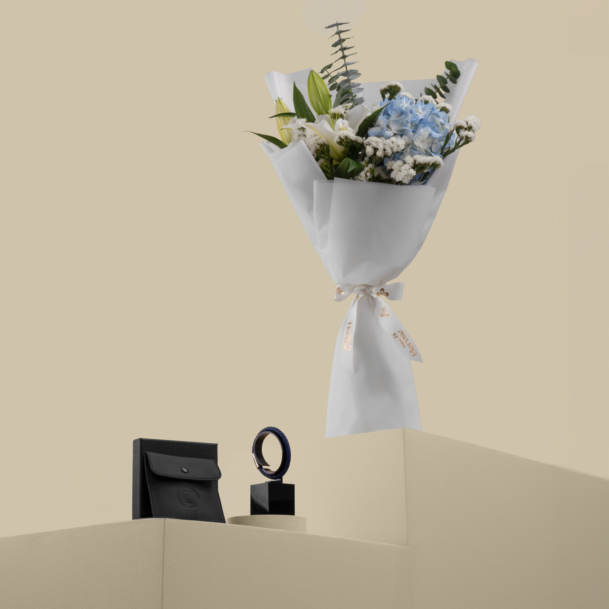 Sky Serenity Bouquet with ZUS Blue Leather Bracelet Sky Serenity Bouquet with ZUS Blue Leather Bracelet