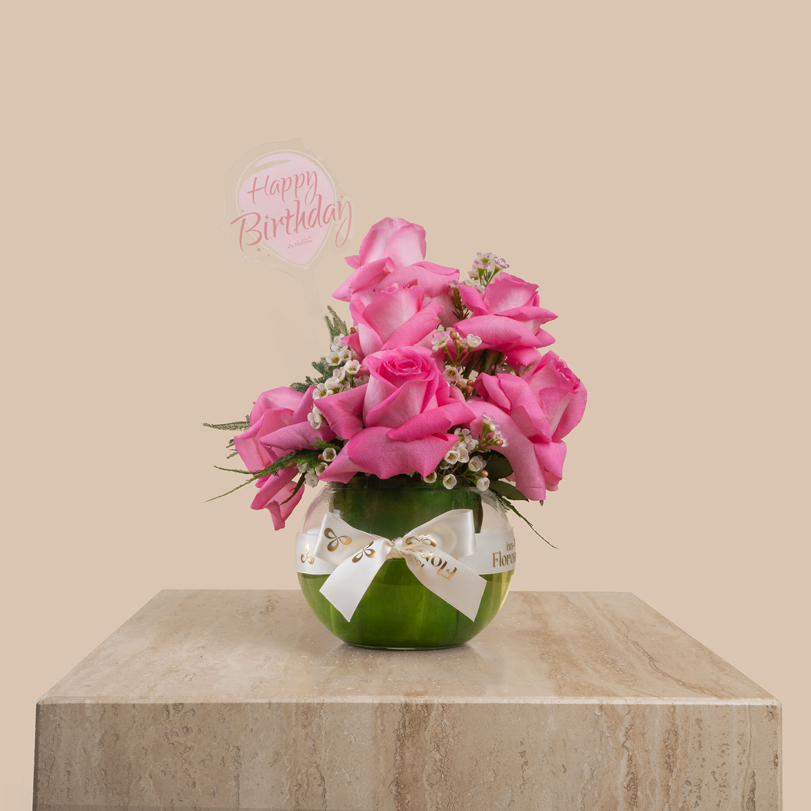 Sparkling Bloom Round Vase | Happy Birthday Topper Sparkling Bloom Round Vase | Happy Birthday Topper