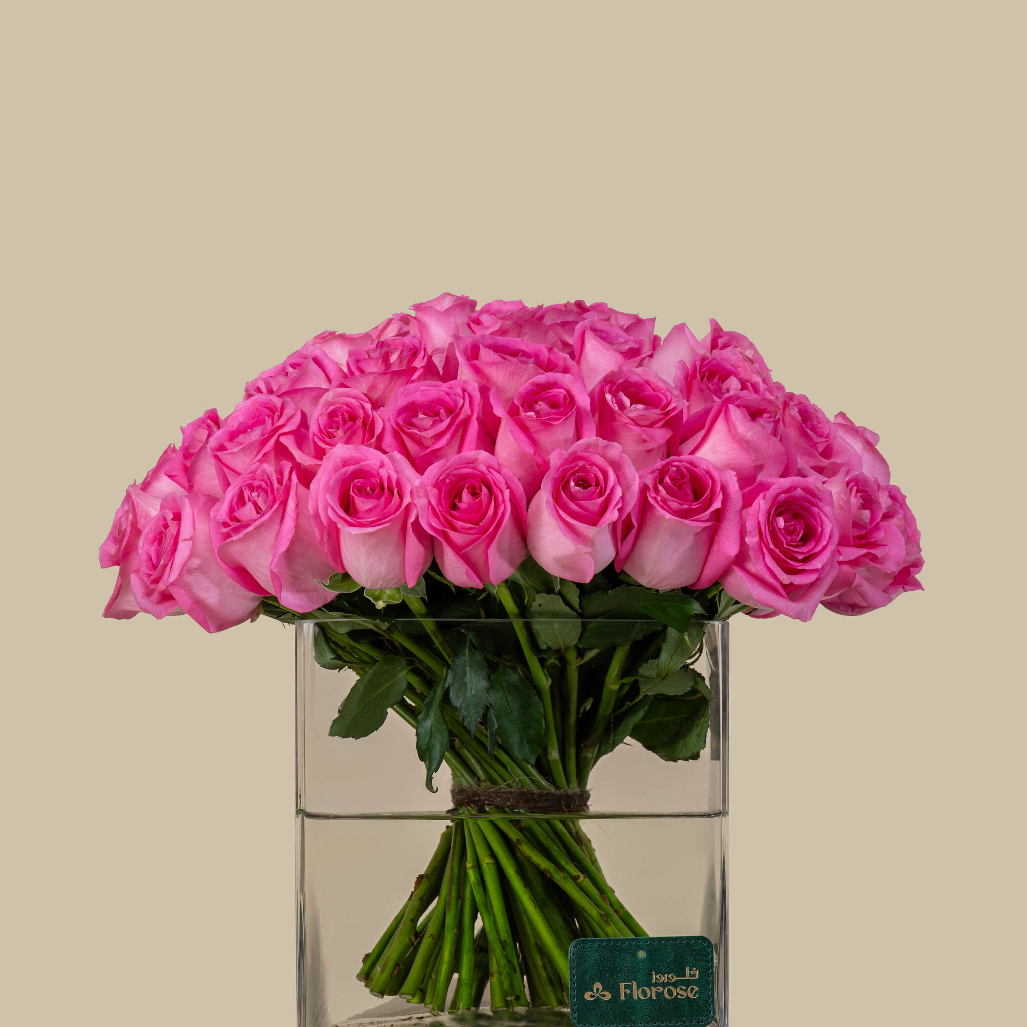 Magnificent Rose Square Vase Dark Pink | 50 Flowers Magnificent Rose Square Vase Dark Pink | 50 Flowers