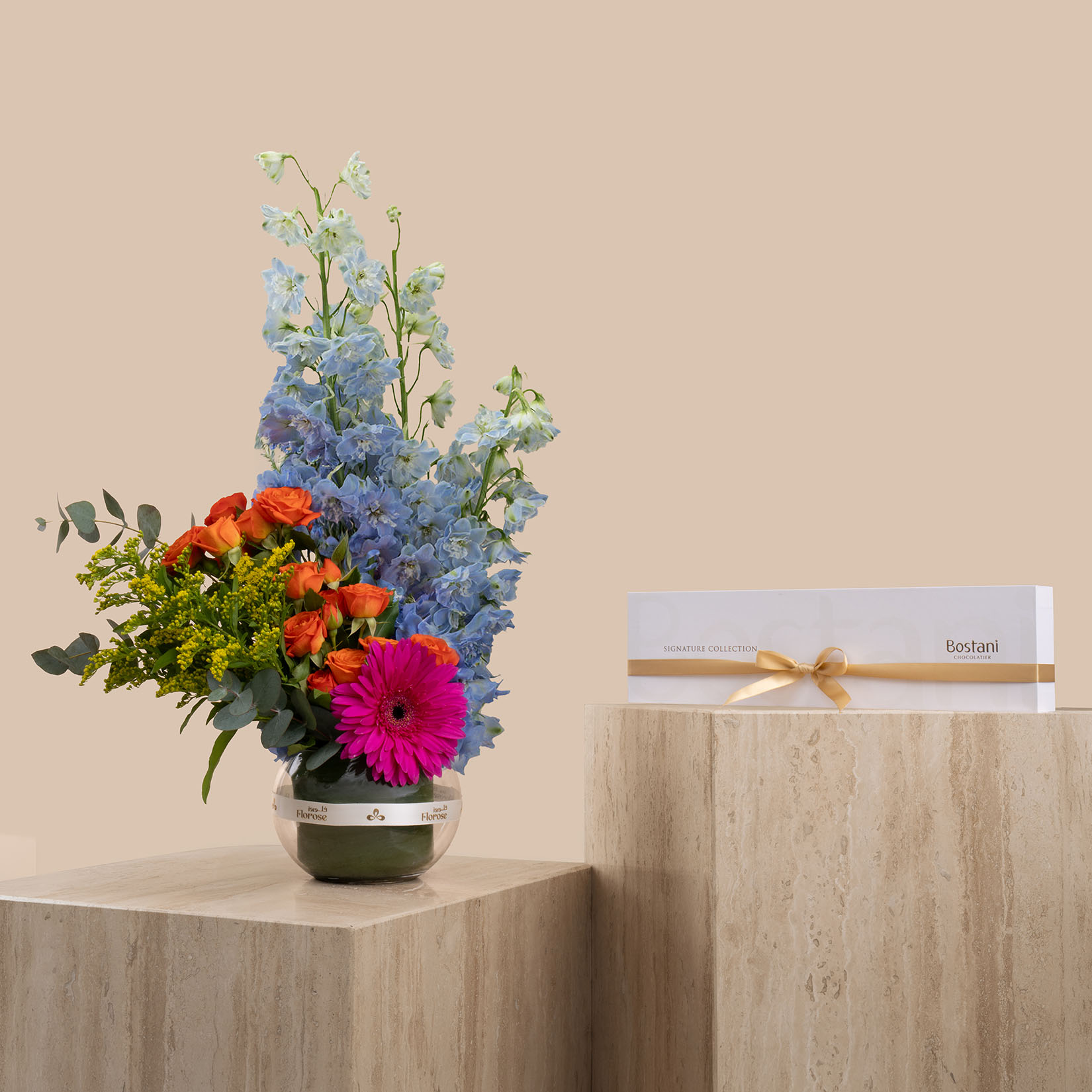 Bostani | Signature White Small Chocolate Box | Garden Magic Round Vase Bostani | Signature White Small Chocolate Box | Garden Magic Round Vase