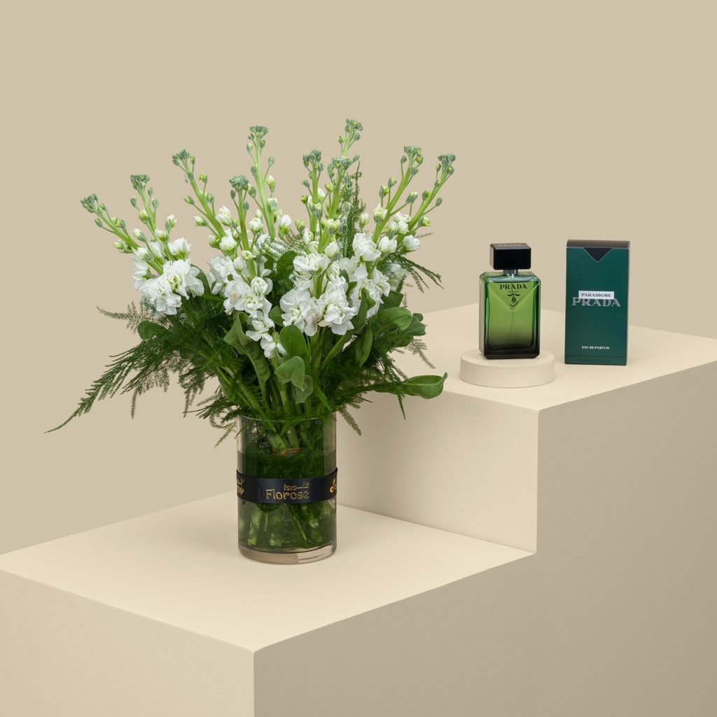 Prada Paradigme Eau De Parfum | White Matthiola Vase Prada Paradigme Eau De Parfum | White Matthiola Vase