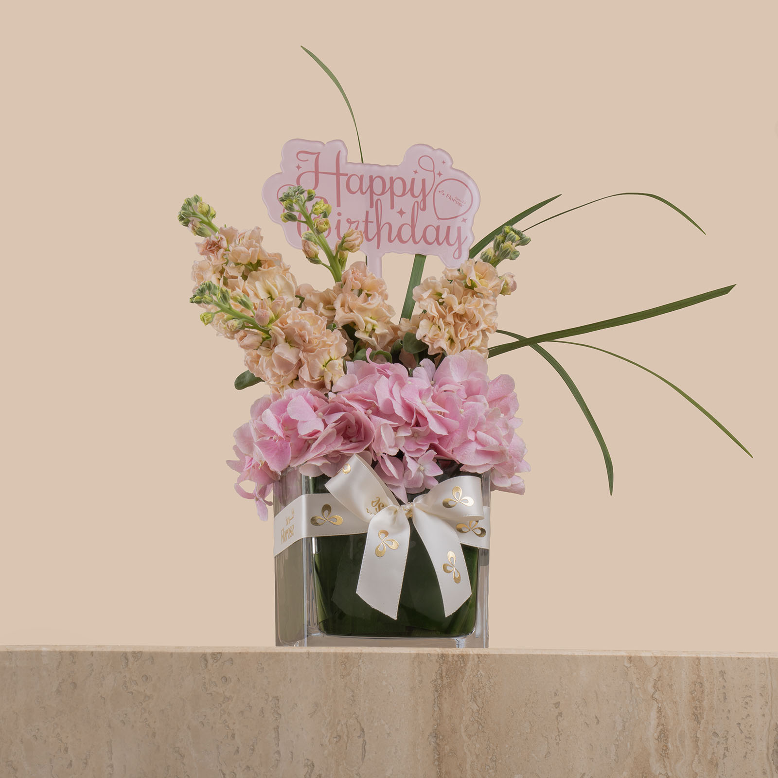 Dreamy Bloom Square Vase | Happy Birthday Topper Dreamy Bloom Square Vase | Happy Birthday Topper