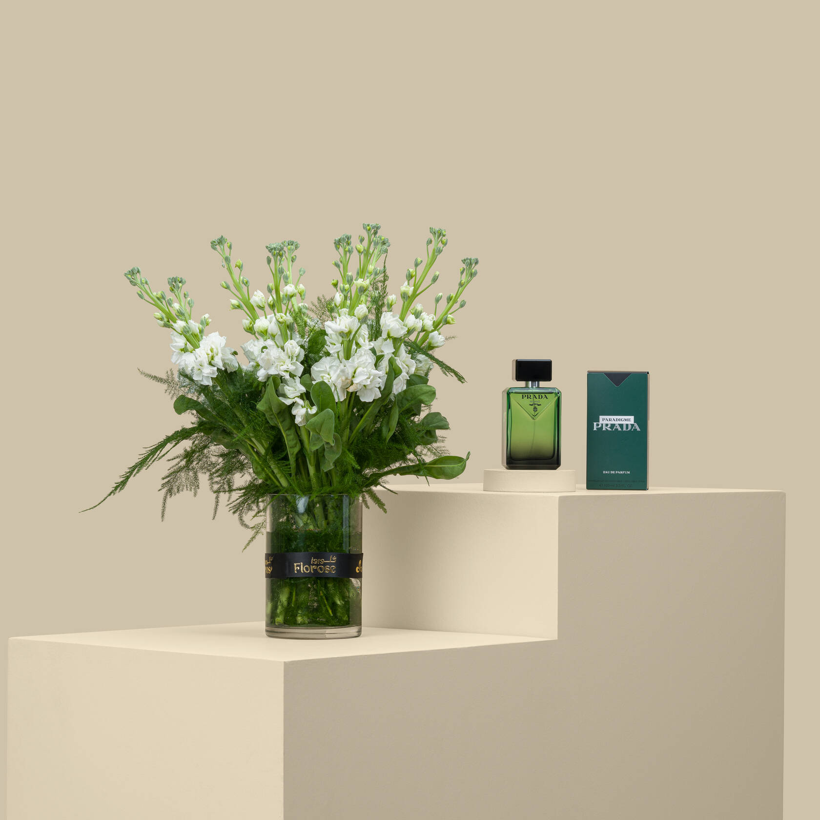 Prada Paradigme Eau De Parfum | White Matthiola Vase Prada Paradigme Eau De Parfum | White Matthiola Vase