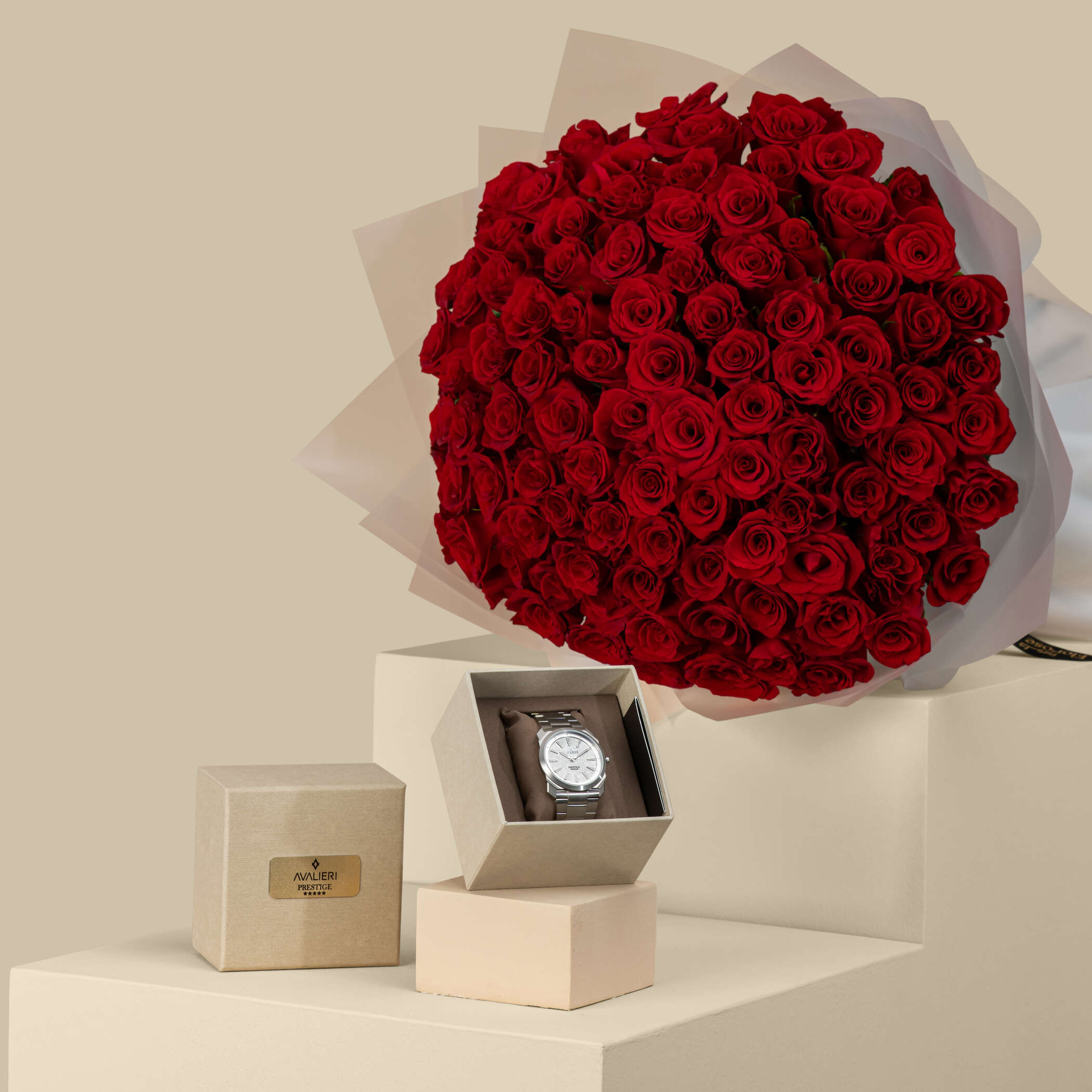 Avalieri Prestige Men's Watch Silver Dial | Beautiful Rose Bouquet Red 100 Flowers Avalieri Prestige Men's Watch Silver Dial | Beautiful Rose Bouquet Red 100 Flowers
