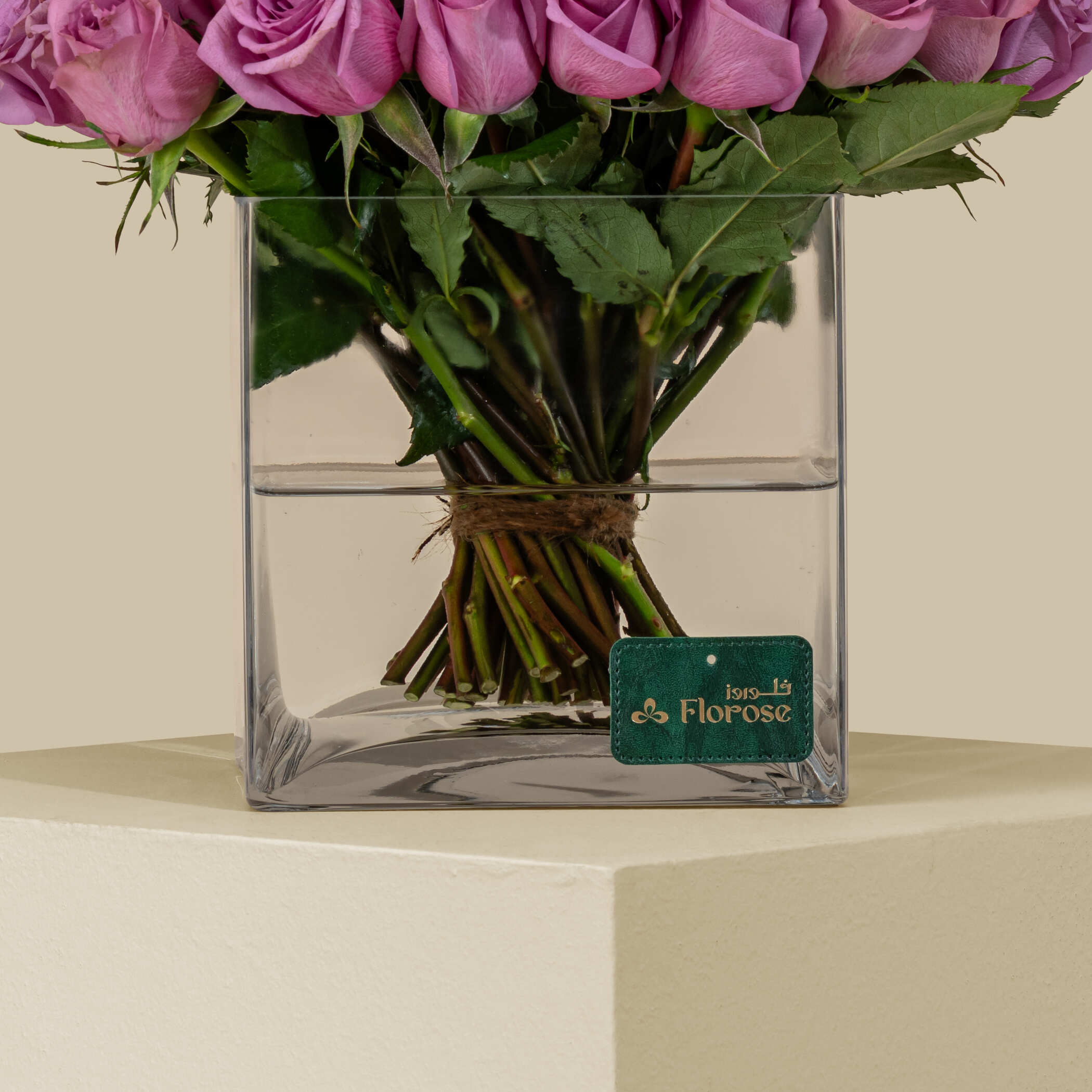Magnificent Rose Square Vase Purple | 50 Flowers Magnificent Rose Square Vase Purple | 50 Flowers