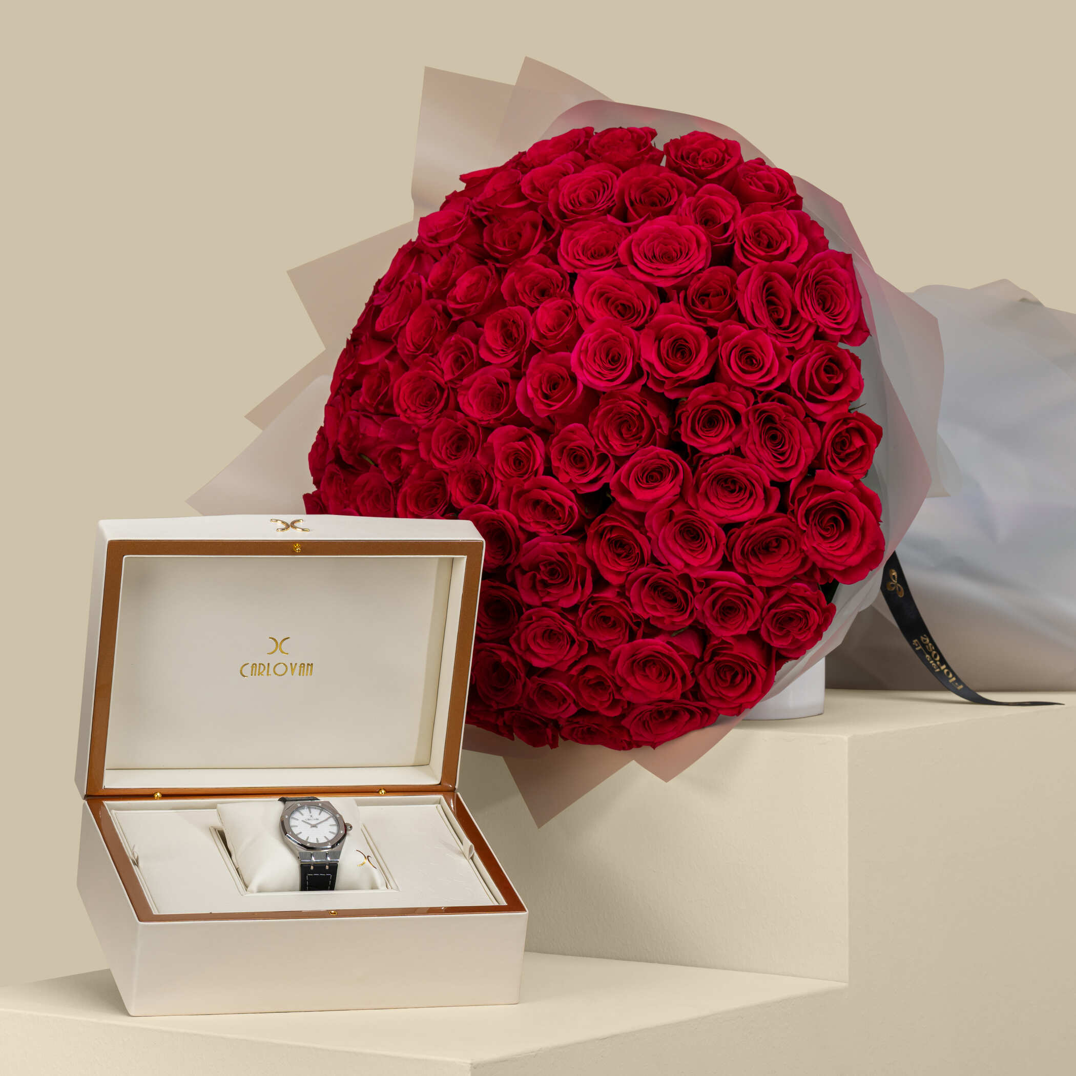 Carlovan Diamond Men's Watch | Beautiful Rose Bouquet Fuchsia 100 Flowers Carlovan Diamond Men's Watch | Beautiful Rose Bouquet Fuchsia 100 Flowers