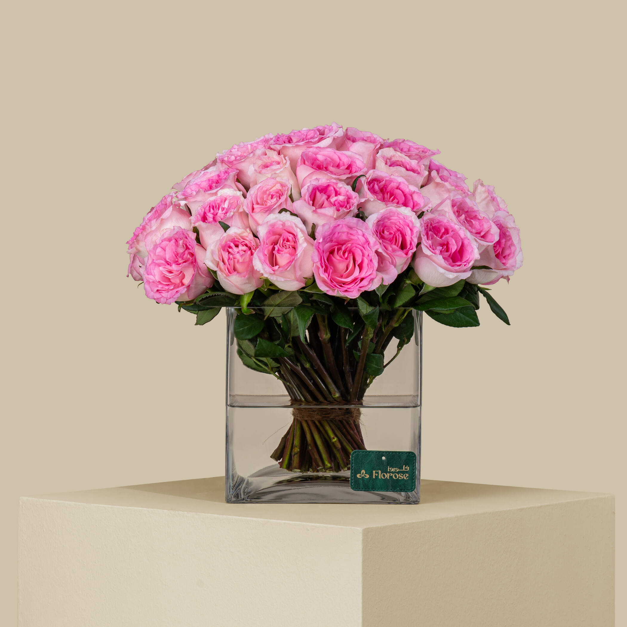 Magnificent Rose Square Vase Pink | 50 Flowers Magnificent Rose Square Vase Pink | 50 Flowers
